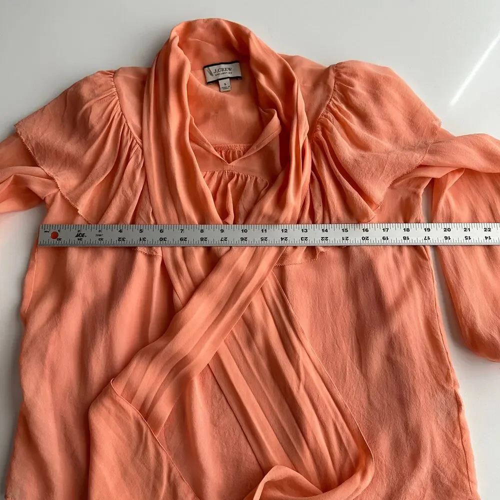 J Crew Silk‎ Chiffon Ruffle Puff Sleeve Tie Neck Girlcore Lined Peach Blouse S